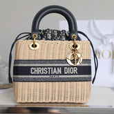 LADY 24 BASKET BAG IN BLACK OBLIQUE JACQUARD MIX BEIGE WICKER